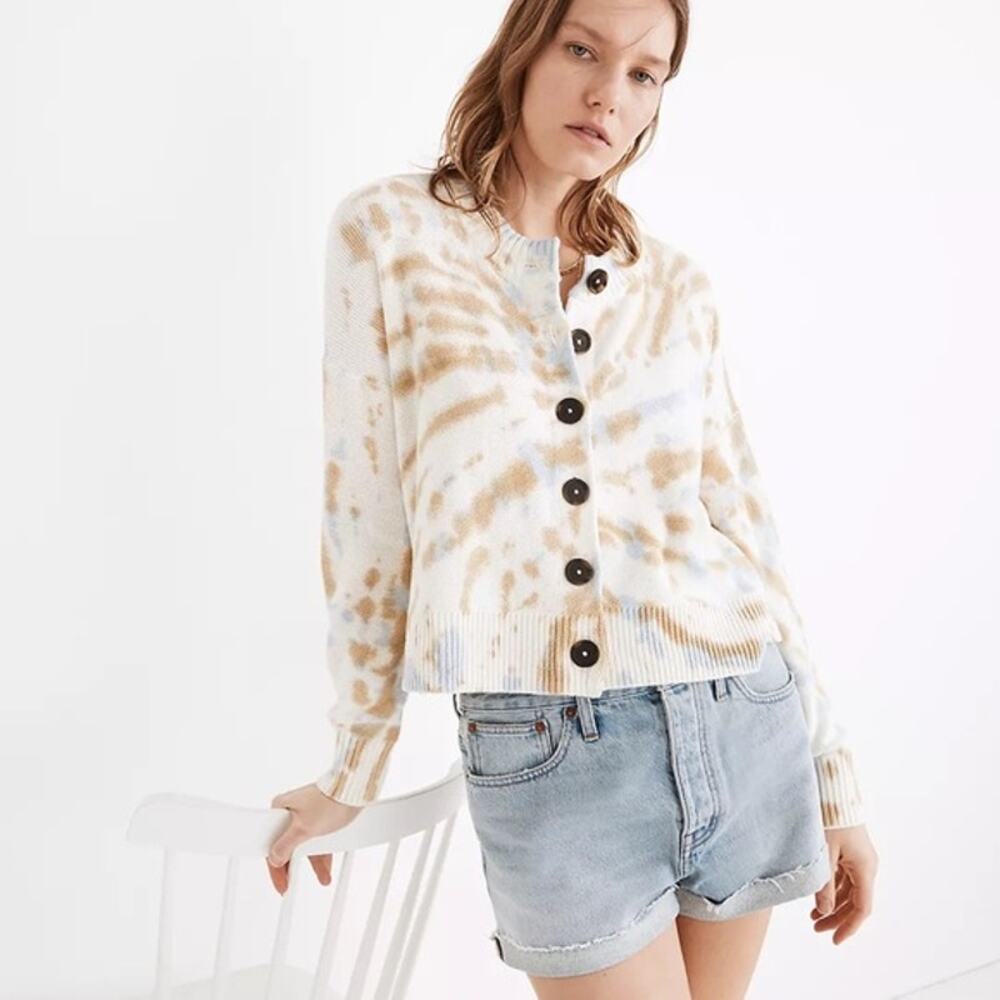 Madewell Cardigan Chunky Crop Broadway Sweater Neutral Beige & Cream Medium